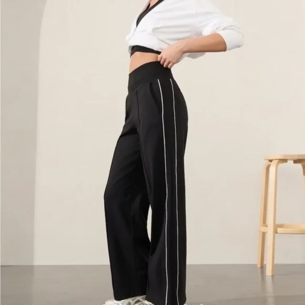 Athleta Black Wide-Leg Pants with White Stripe